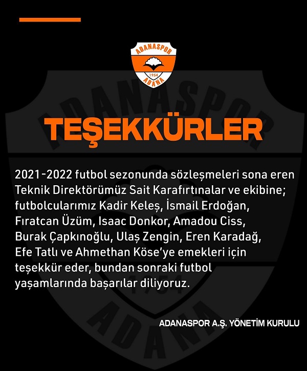 Adanaspor Yönetiminden Teşekkür